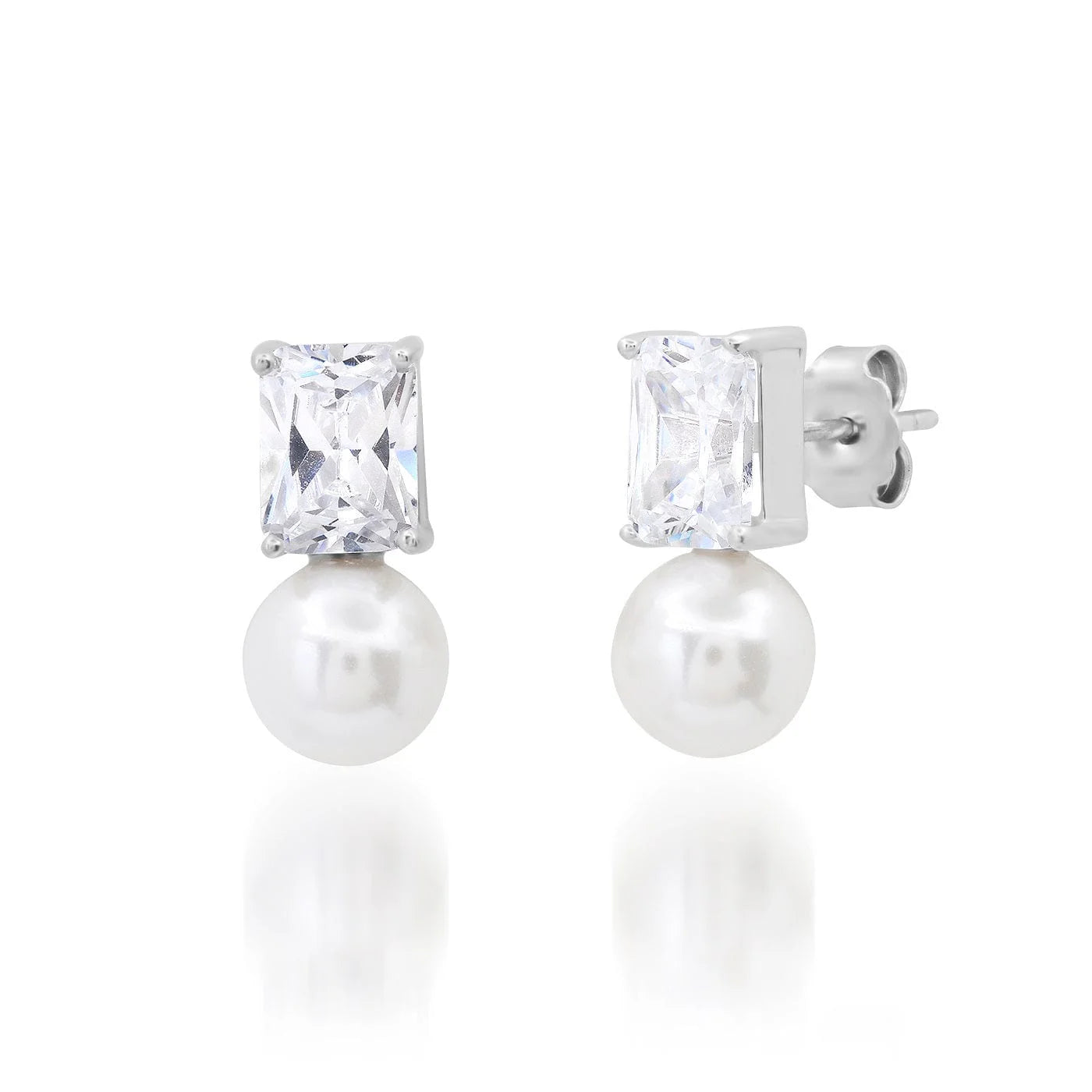 TAI Emerald Cut Clear and Freshwatr  Pearl Stud Earrings