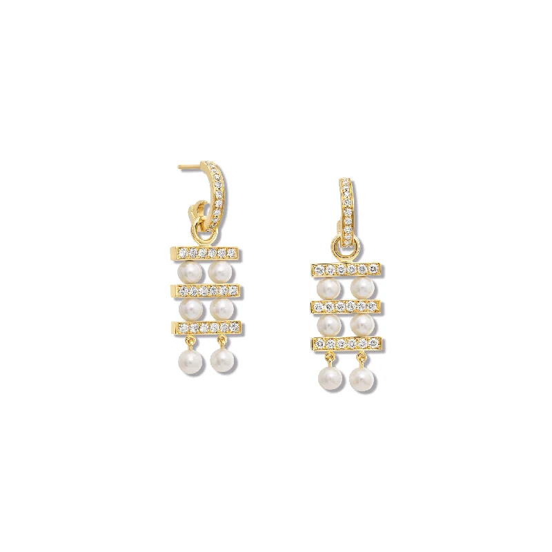 Couture Triple Earring Drops Yellow Gold - Diamond Pavé & Pearl