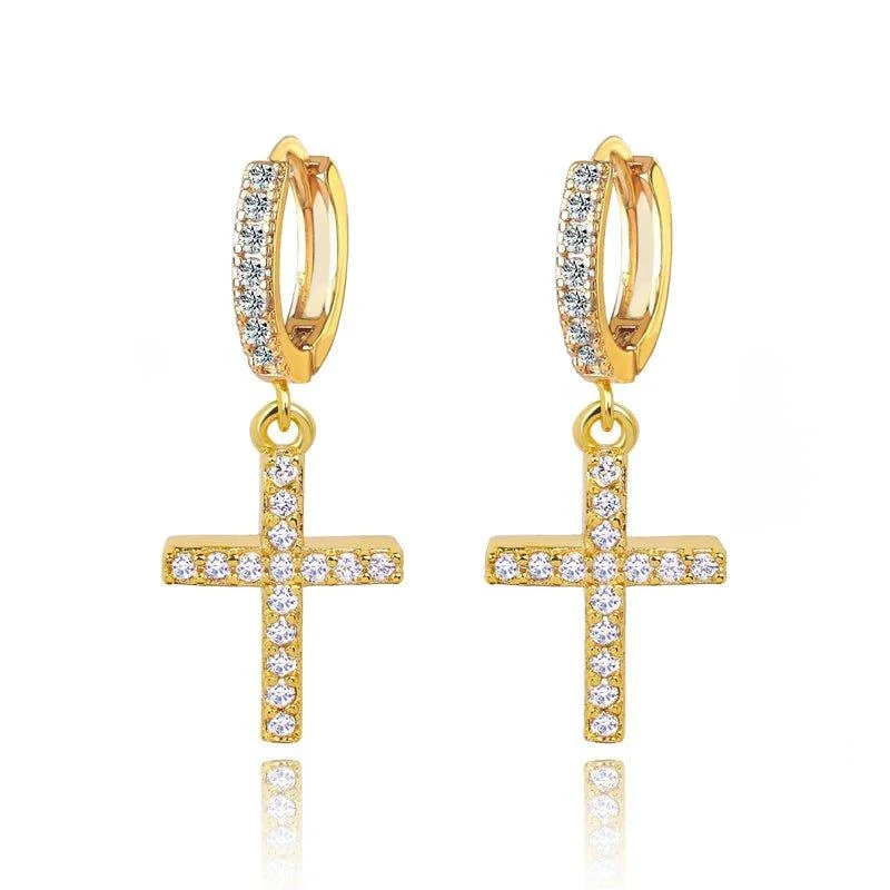 Gold Cross Dangle Earrings with White Diamond Cubic Zirconia