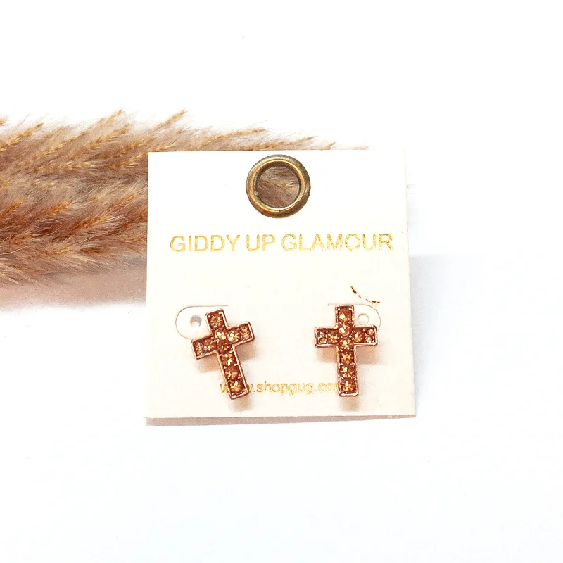 Crystal Cross Stud Earrings in Rose Gold Tone