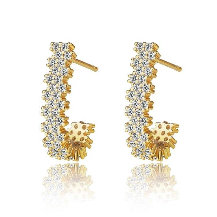 Sparkling Cubic Zirconia J Hoop Earrings in Gold or Silver