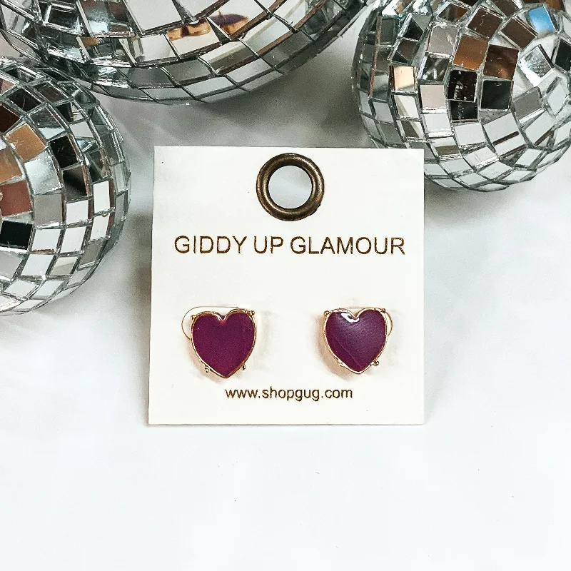 Dark Purple Heart Stud Earrings with Gold Tone Setting