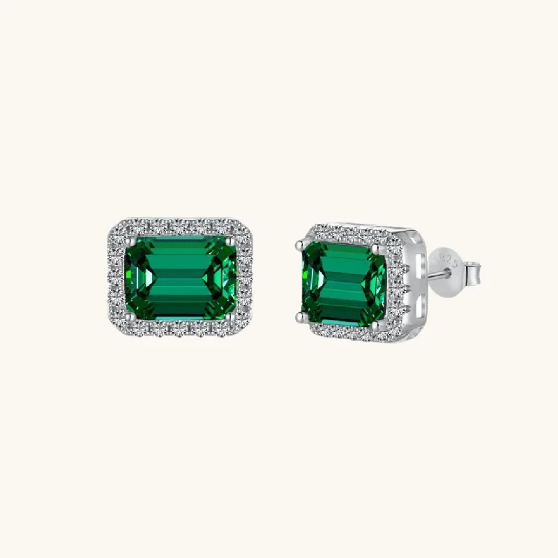 Diamond Halo Emerald Stone Stud Earrings