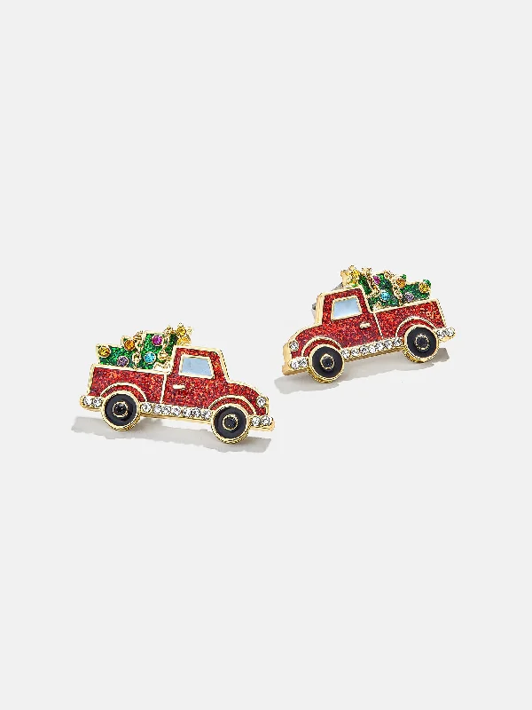 Driving Merry Home Earrings - Holiday Truck Delicate Stud Earrings