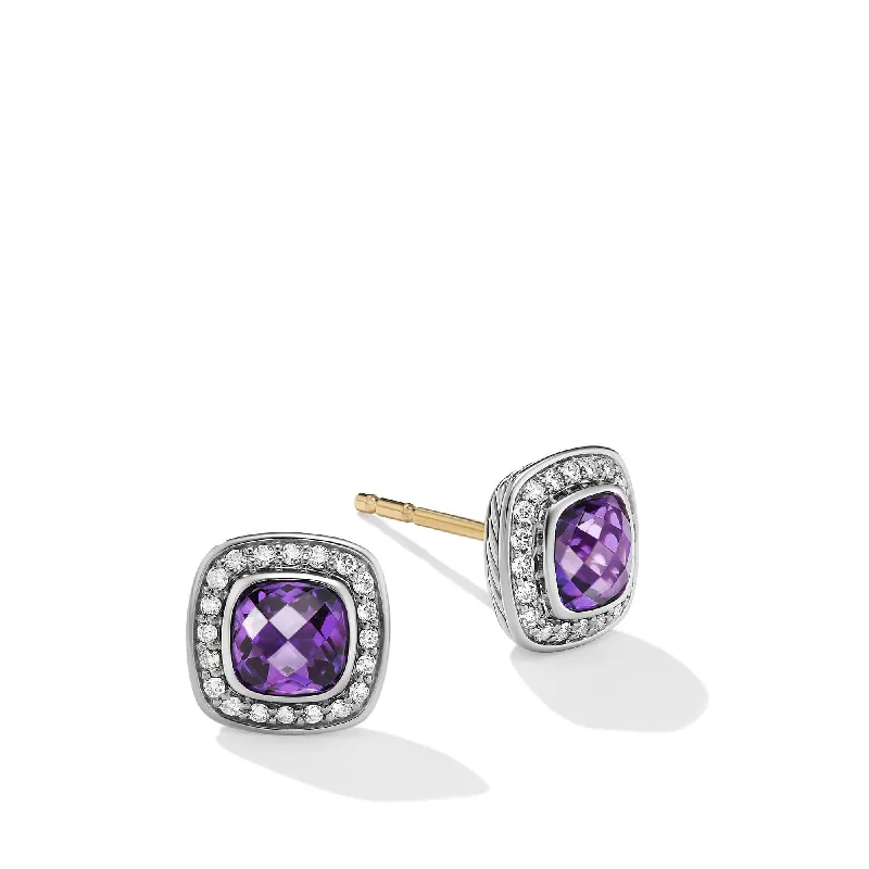 Petite Albion Stud Earrings in Sterling Silver with Amethyst and Pave Diamonds