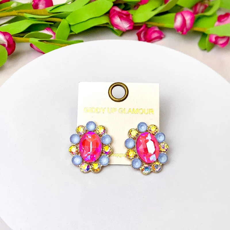 Elegant Echoes Gold Tone Oval Concho Stud Earrings in Pink and Blue