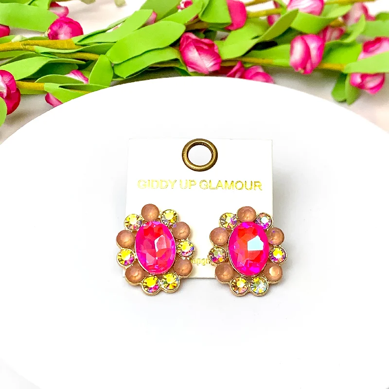 Elegant Echoes Gold Tone Oval Concho Stud Earrings in Fuchsia Pink