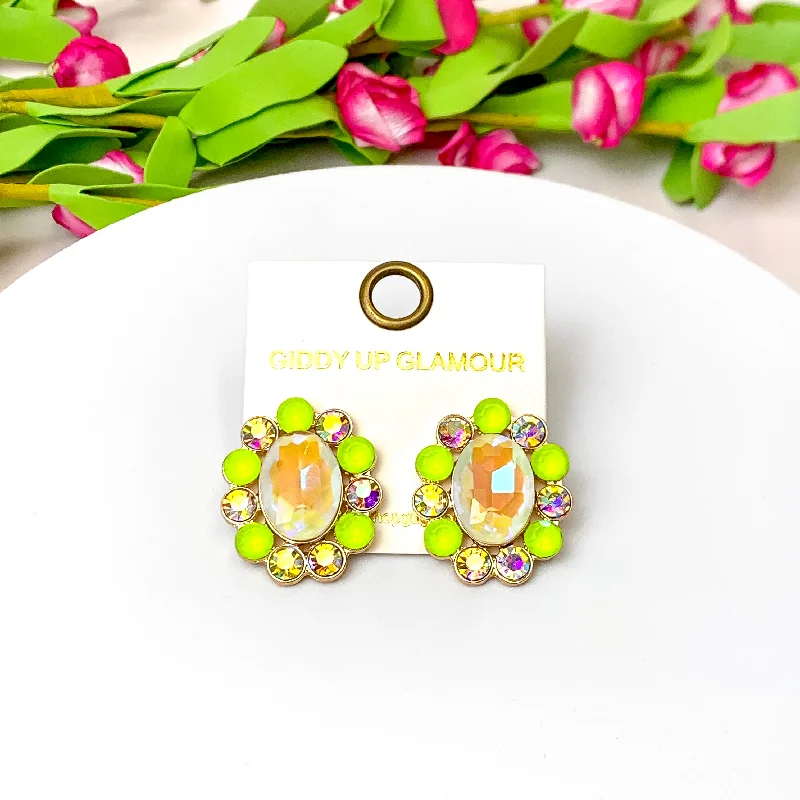 Elegant Echoes Gold Tone Oval Concho Stud Earrings in Chartreuse Green and Ivory