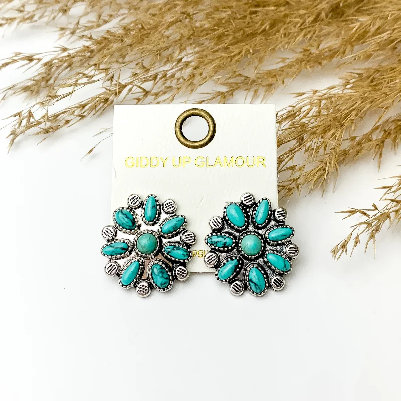 Faux Turquoise Flower Cluster Stud Earrings in Silver Tone