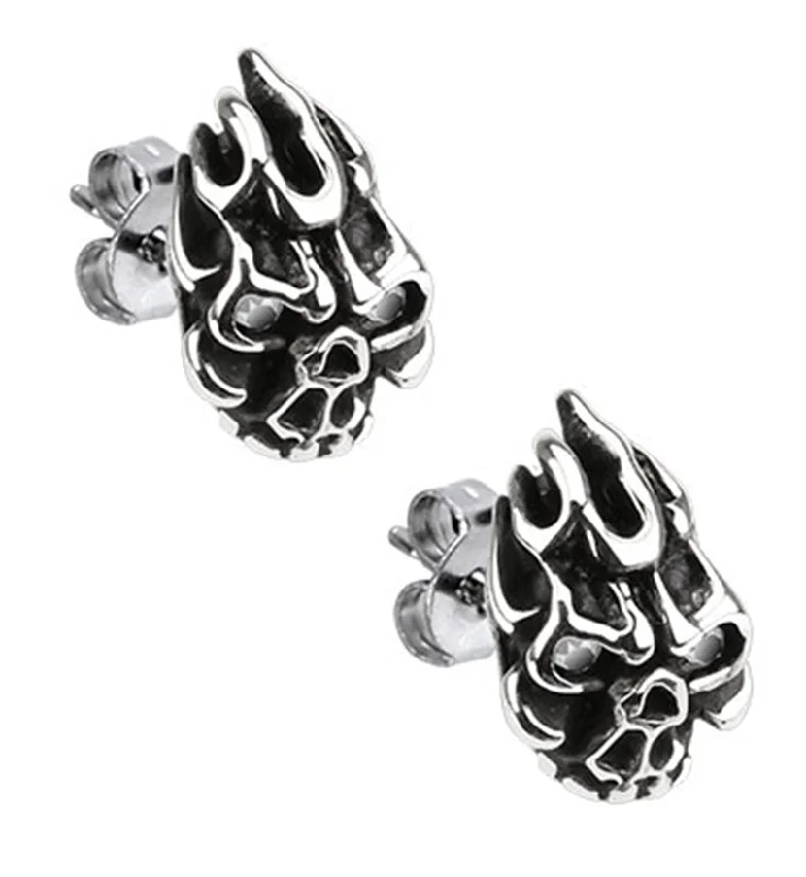 Flaming Demon Clear CZ Stainless Steel Stud Earrings