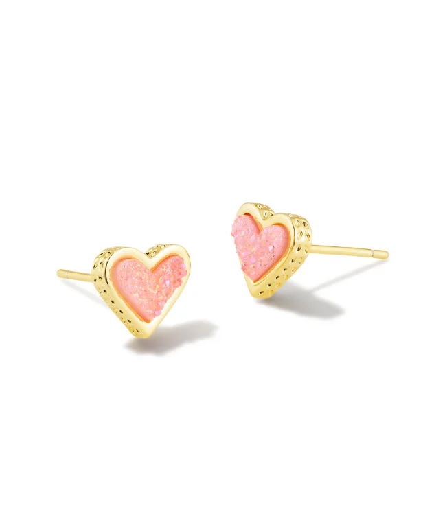 Framed Ari Gold Plated Light Pink Drusy Heart Stud Earrings by Kendra Scott