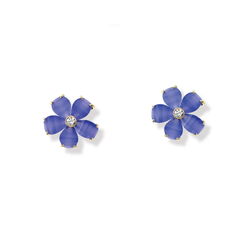 Frangipani Earrings Yellow Gold - Blue Chalcedony & Diamond