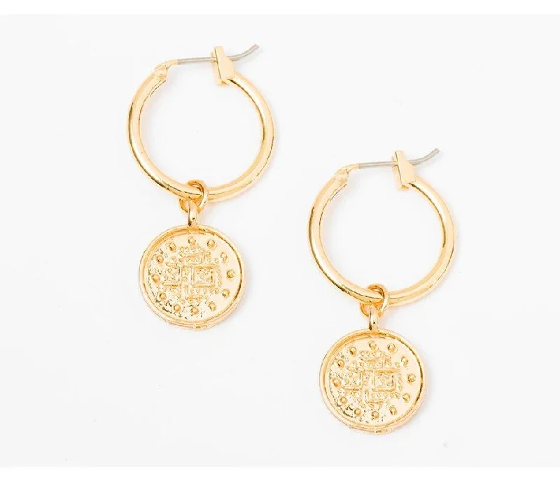 Gold Huggie Dangle Earrings with Gypsy Coin