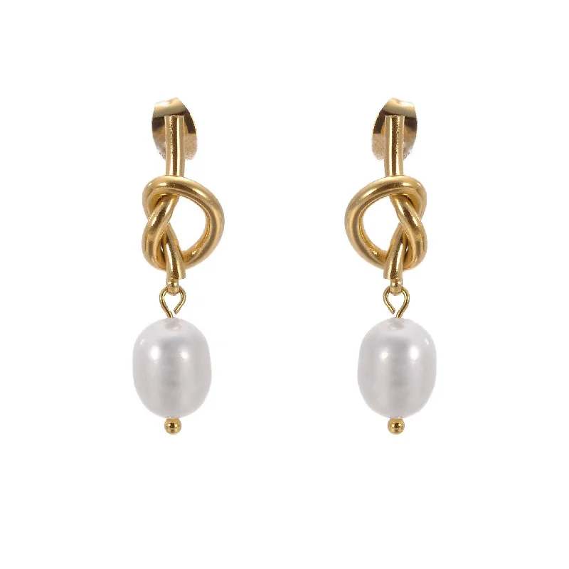 Gold Knot Earrings with Pearl Dangle