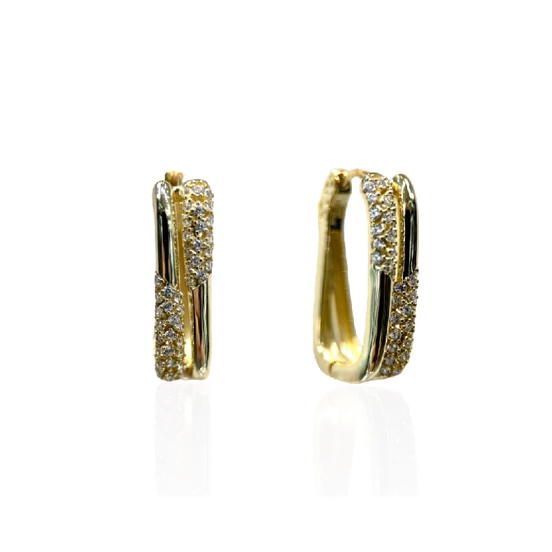 Gold Plated Double Rectangle Hoop Earring with 3 Crossover CZ Rows