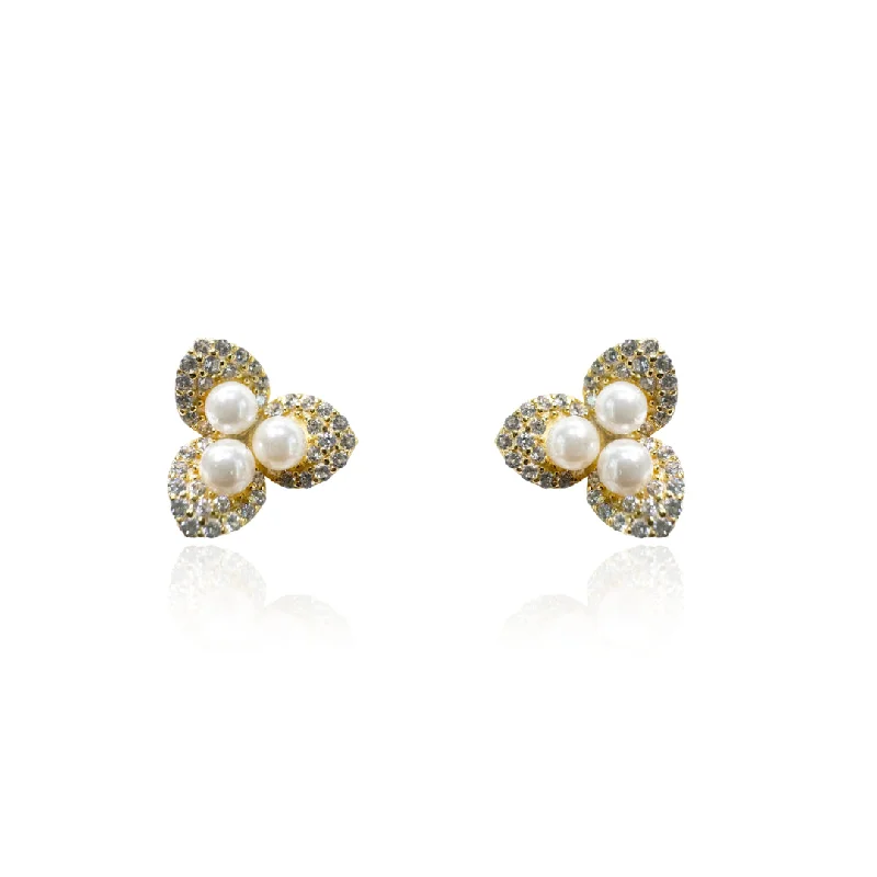 Gold Plated Earrings With 3 Pave Petals & 3 Pearls in Center