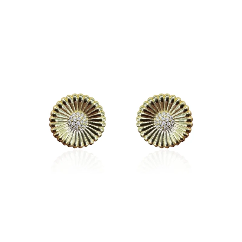 Gold Plated Round Ridged Earring with CZ Stones in Center