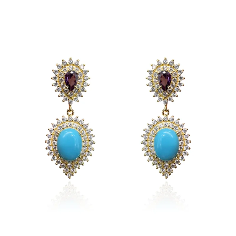 Gold Plated Turquoise and Amethyst CZ Drop Dressy Earrings