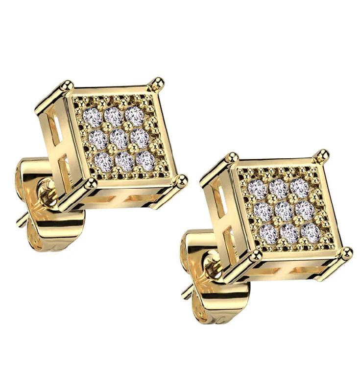 Gold PVD Block Clear CZ Stainless Steel Stud Earrings