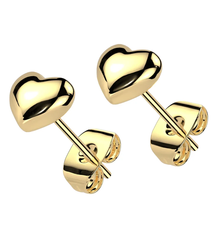 Gold PVD Inflated Heart Stainless Steel Stud Earrings