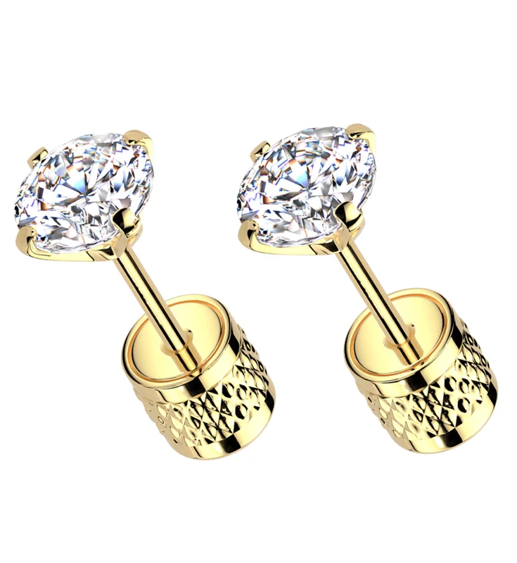 Gold PVD Prong Clear CZ Stainless Steel Textured Cylinder Back Stud Earrings