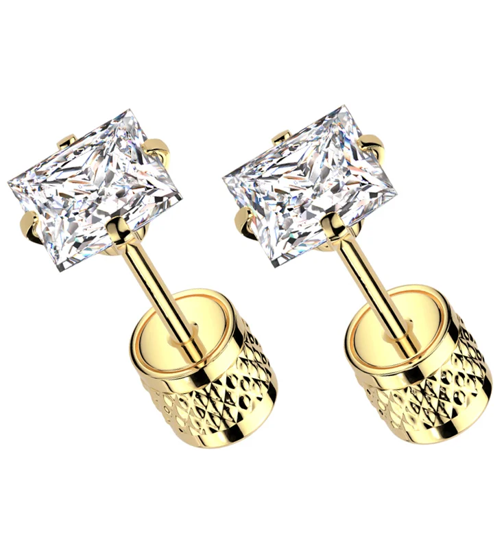 Gold PVD Square Clear CZ Stainless Steel Textured Cylinder Back Stud Earrings