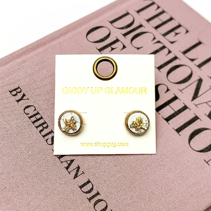 Gold Tone Bumble Bee Circle Stud Earrings in White