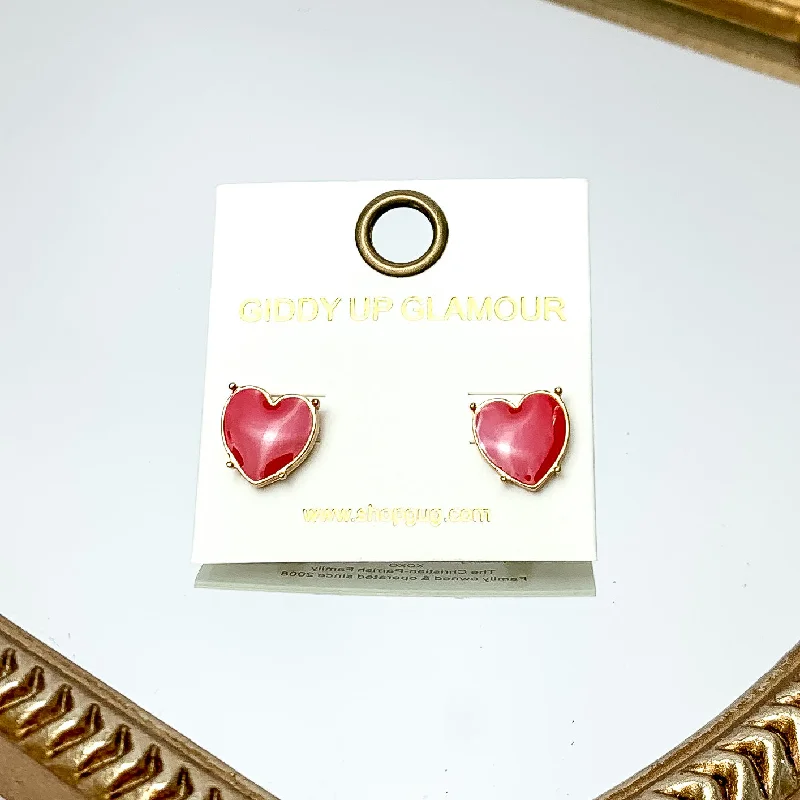 Gold Tone Heart Stud Earrings in Red