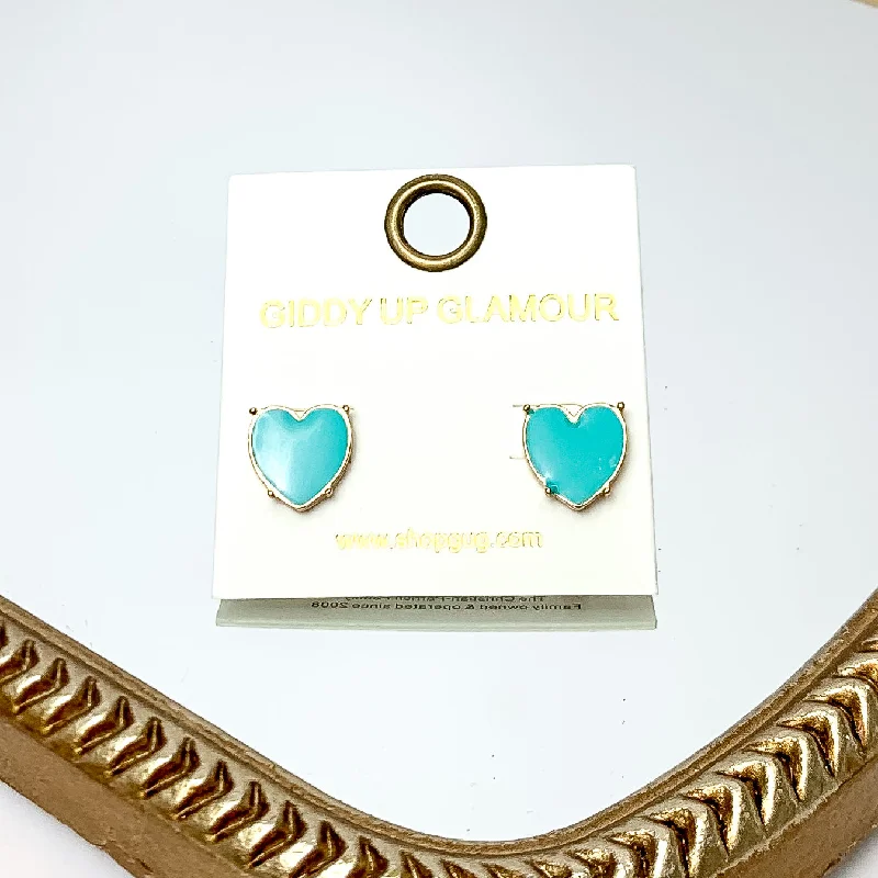 Gold Tone Heart Stud Earrings in Turquoise