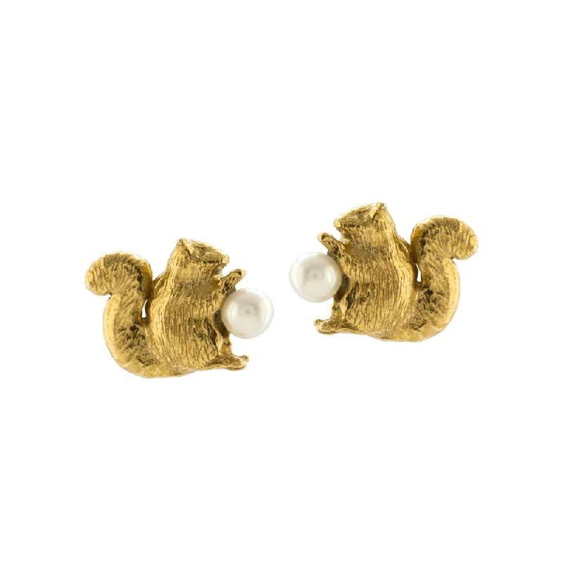 Gold Vermeil Stud Earrings - "Squirrels with Pearls"