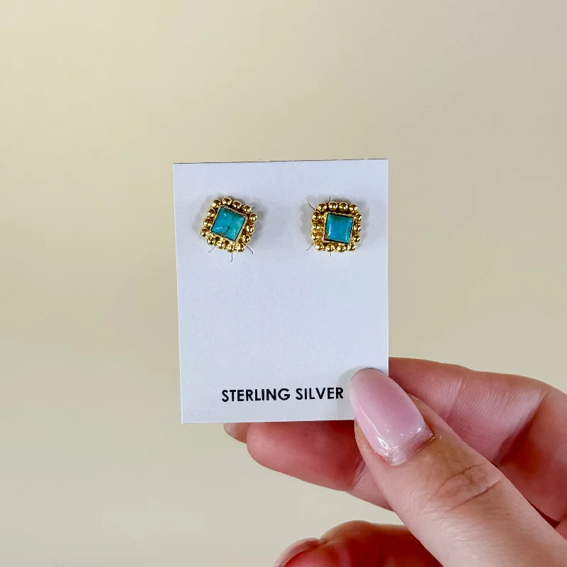 Hada Collection | Handmade Sterling Silver 14K Gold Square Kingman Turquoise Stud Earrings