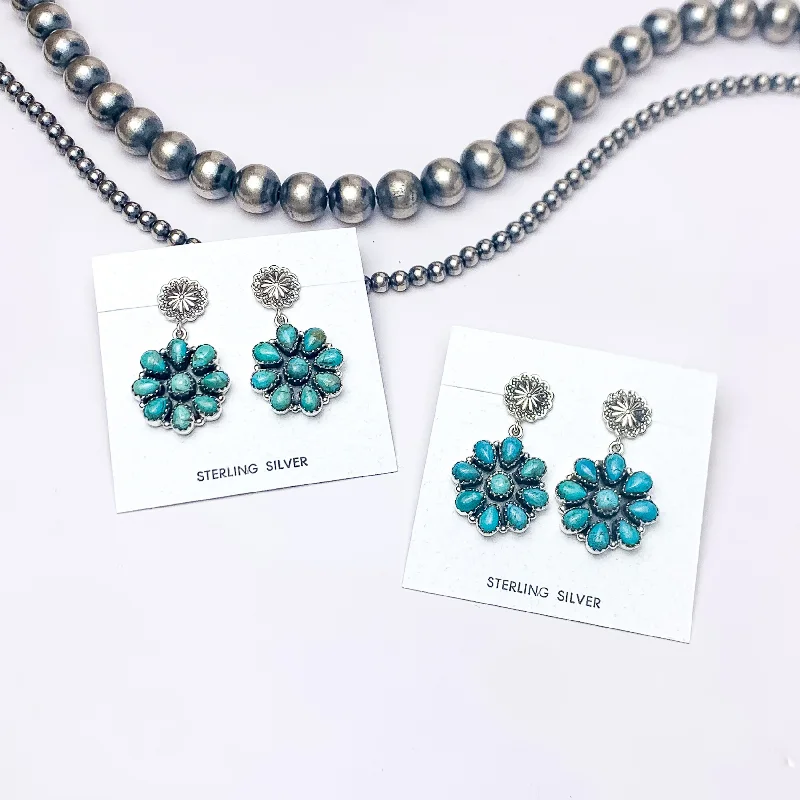 Hada Collection | Handmade Sterling Silver Circle Cluster Flower Stud Earrings with Kingman Turquoise Stones