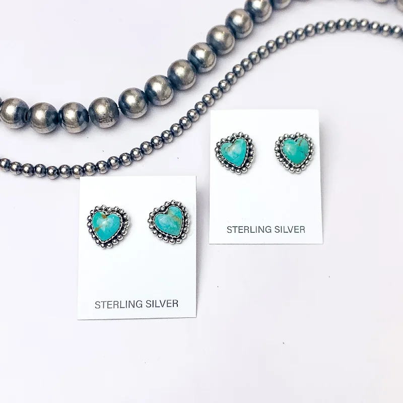 Hada Collection | Handmade Sterling Silver Heart Shaped Stud Earrings with Kingman Turquoise Remix Stones