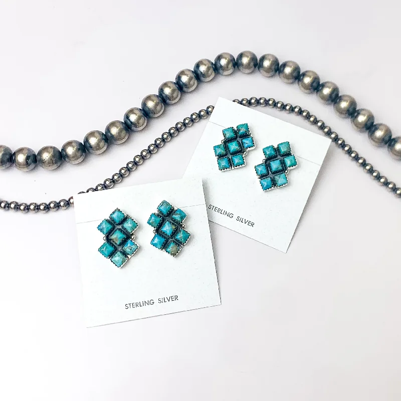 Hada Collection | Handmade Sterling Silver Square Cluster Stud Earrings with Kingman Turquoise Remix Stones