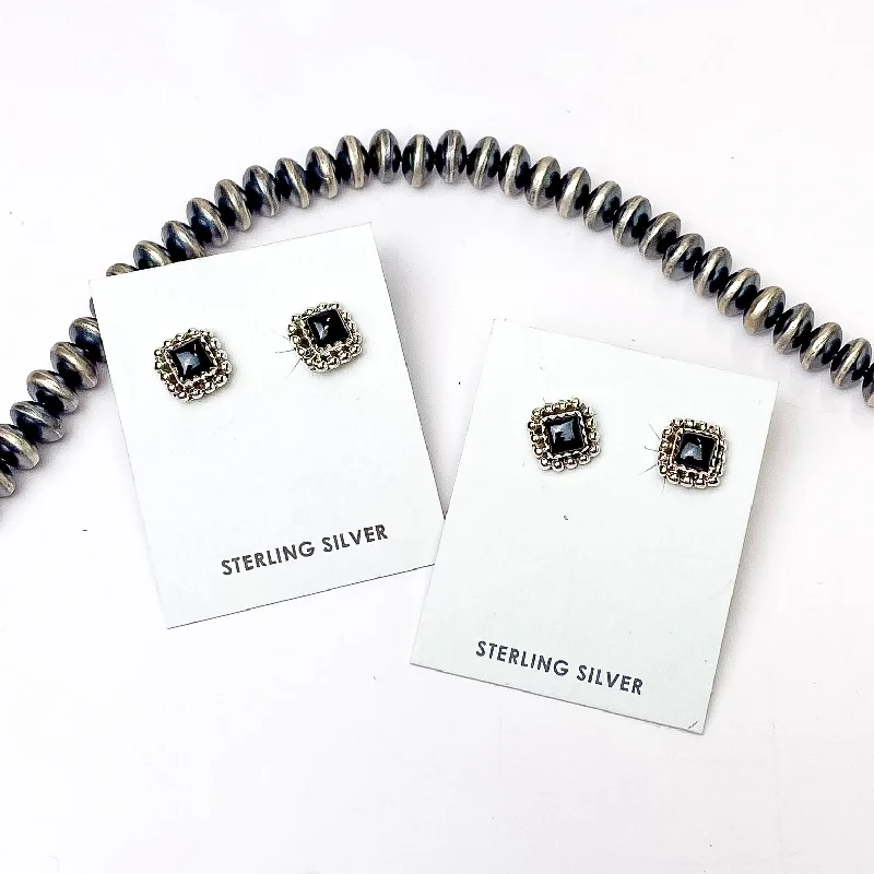 Hada Collection | Handmade Sterling Silver Square Shaped Stud Earrings with Black Onyx Stones