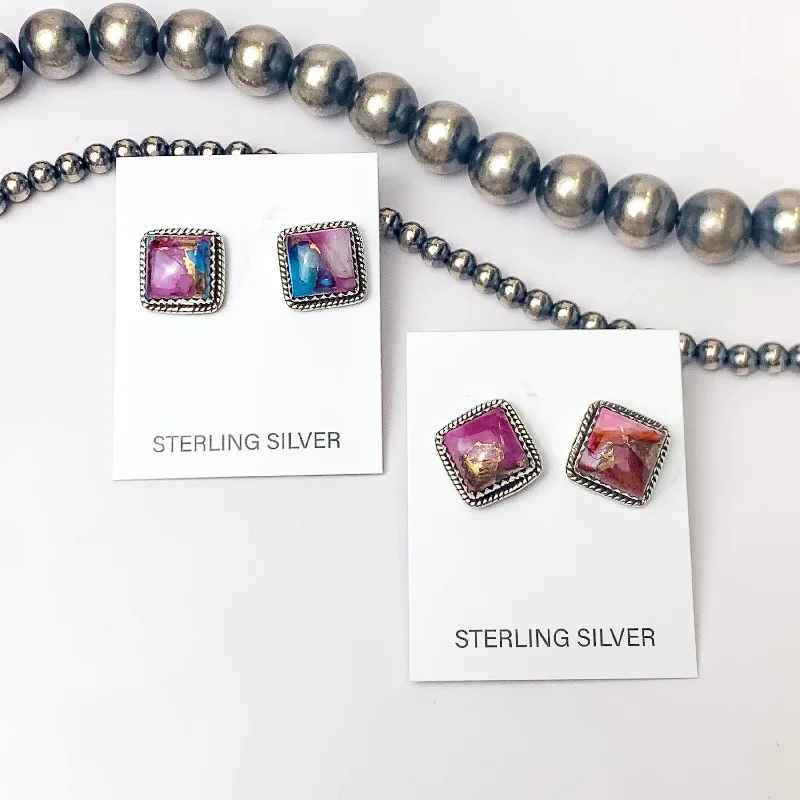 Hada Collection | Handmade Sterling Silver Square Stud Earrings with Purple Dhalia Remix Stones