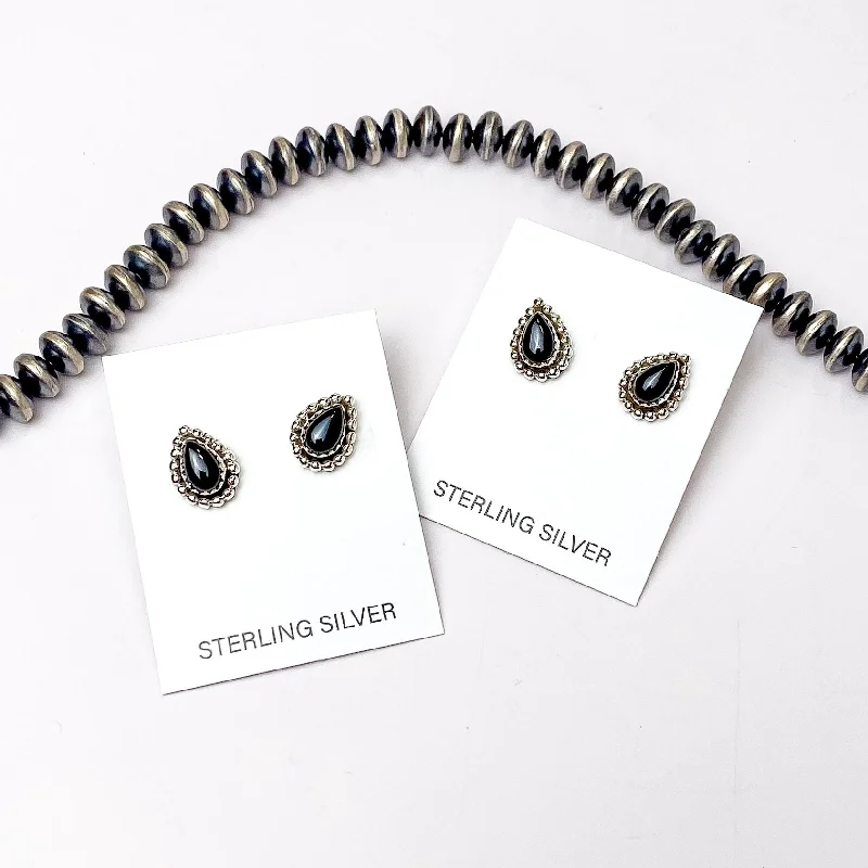 Hada Collection | Handmade Sterling Silver Teardrop Shaped Stud Earrings with Black Onyx Remix Stones