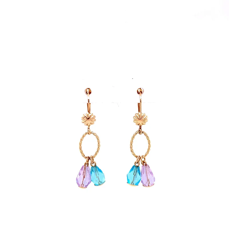 Hanging Double Oval Light Blue and Purple Stone Gold Earrings