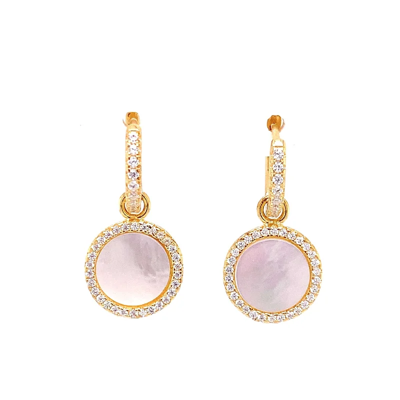 Hanging Mother of Pearl Circle with CZ Halo Earrings