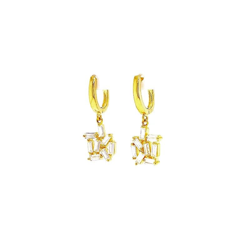 Huggie Earrings With Dangling Abstract Baguette Hanging Design