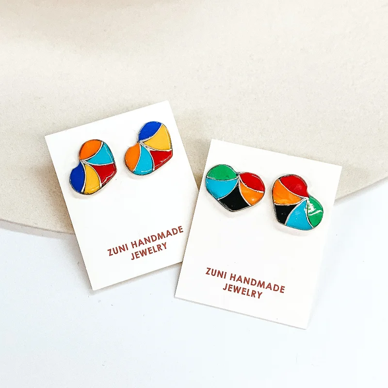 Karen Lalio | Zuni Handmade Sterling Silver Heart Stud Earrings with Multi Color Stone