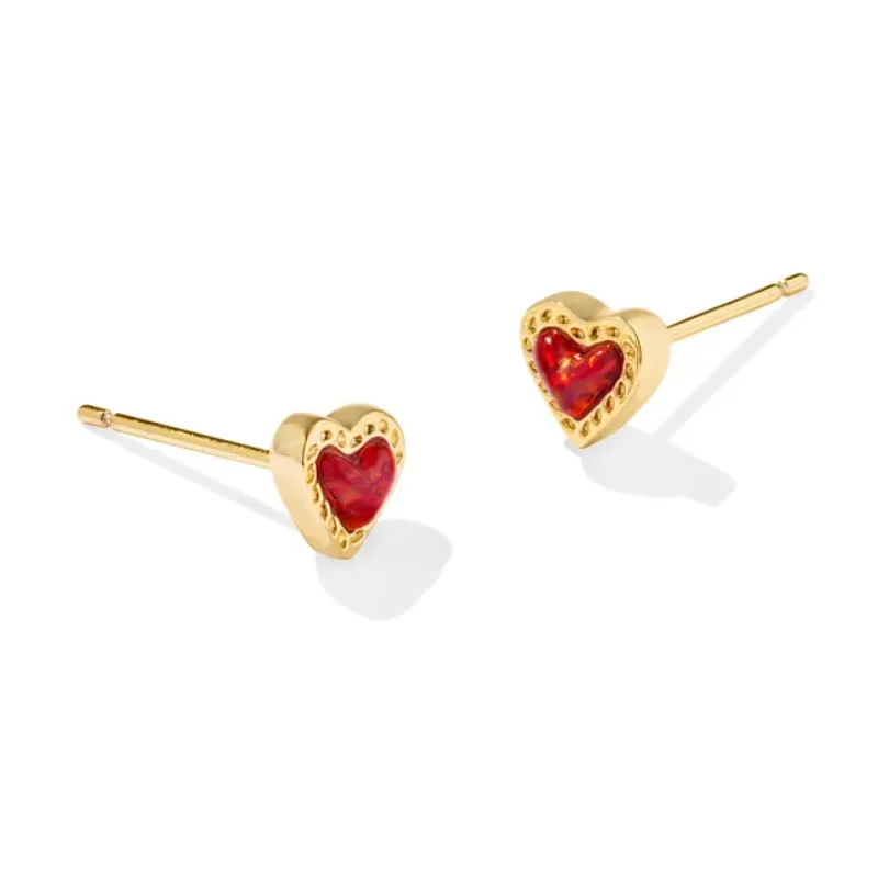 Kendra Scott | Mini Ari Gold Heart Stud Earrings in Red Kyocera Opal