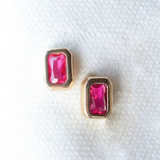 Kinsey Designs | Brooks Gold Tone Rectangular Stud Earrings with Fuchsia Pink CZ Crystals