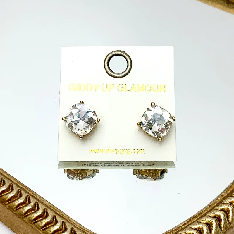 Large Clear Crystal Stud Earrings in Gold Tone