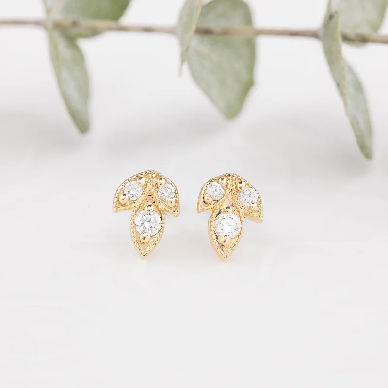 Three Leaf Diamond Stud Earrings, 14k Gold