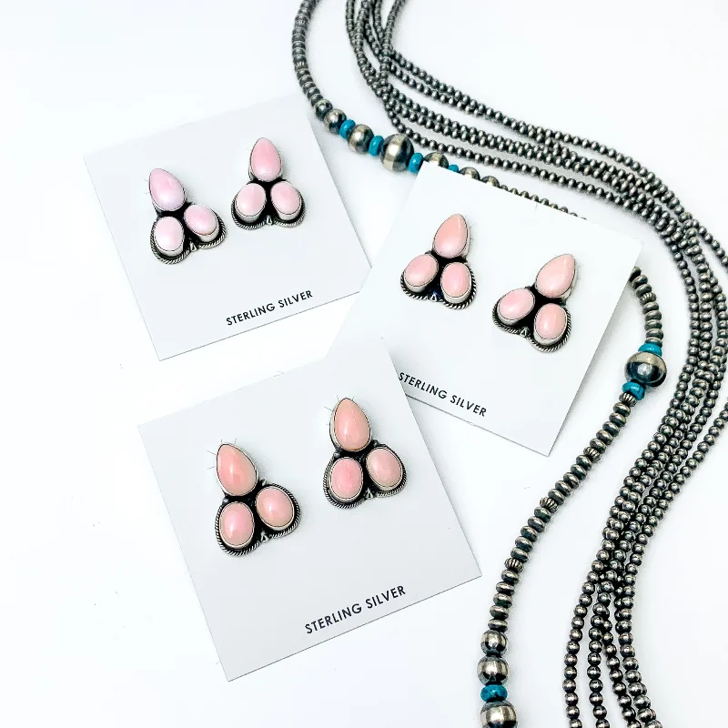 Letricia Largo | Navajo Handmade Sterling Silver Stud Earrings with Three Pink Conch Stones