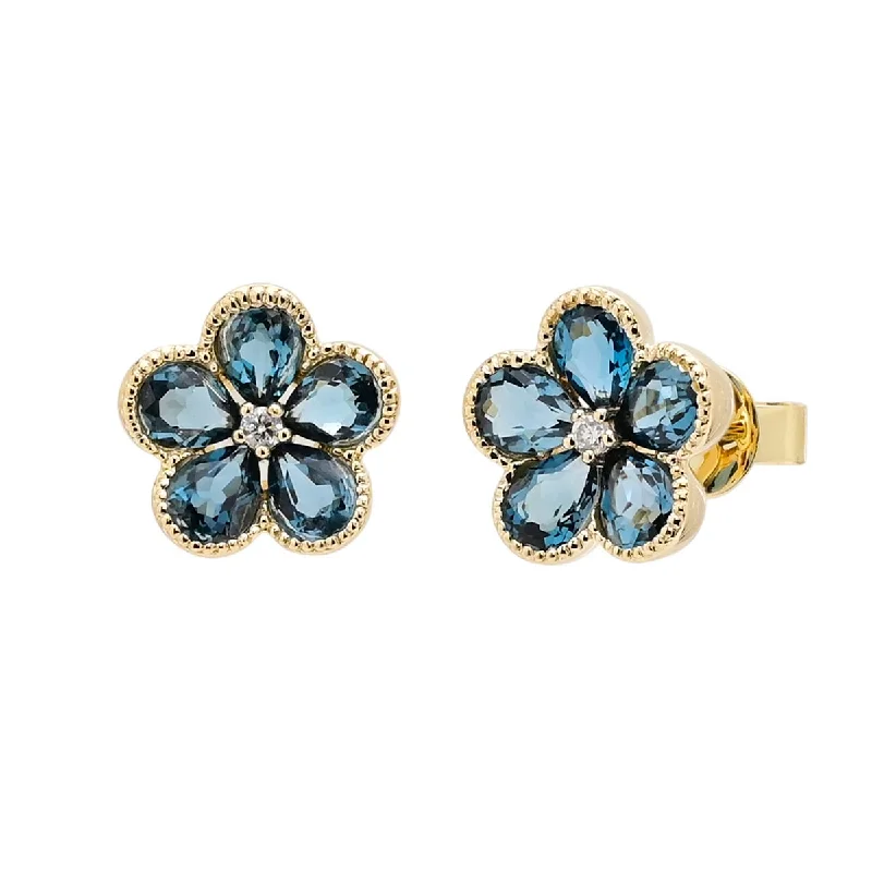 Madison L London Blue Topaz Flower Stud Earrings in 14kt Yellow Gold with Diamonds (.03ct tw)