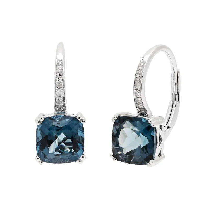 Madison L London Cushion Blue Topaz Earrings in 14kt White Gold with Diamonds (.03ct tw)