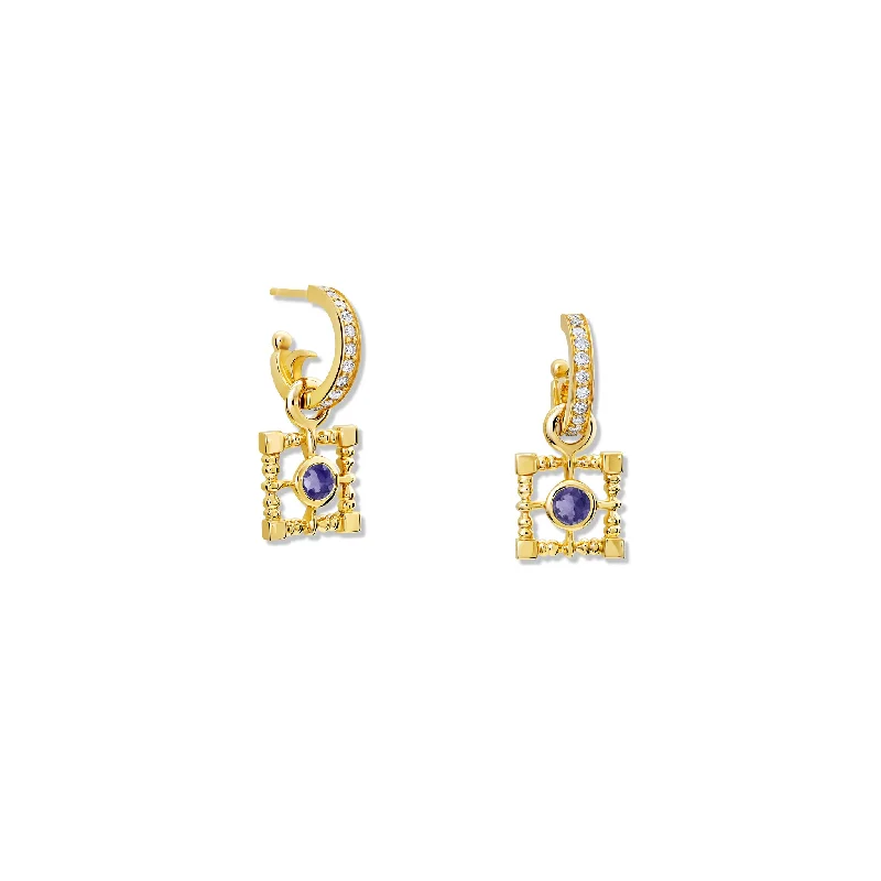 Mashrabiya Trellis Square Earring Drops Yellow Gold - Iolite