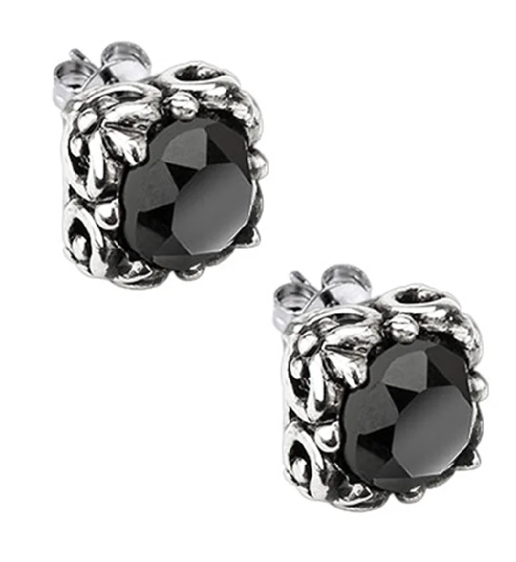 Ornate Black Square CZ Stainless Steel Stud Earrings